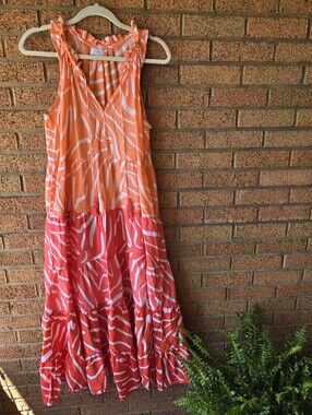 Mud Pie Zebra Colorblock Tiered Maxi Dress Orange Red Size L Pockets Boho
